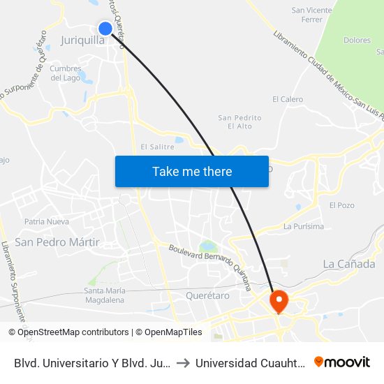 Blvd. Universitario Y Blvd. Juriquilla to Universidad Cuauhtemoc map