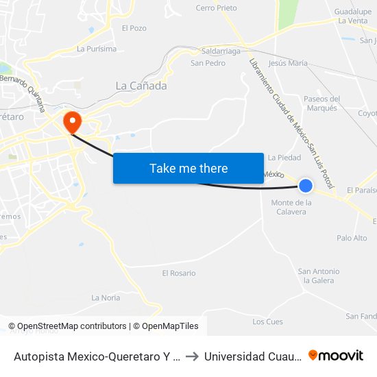 Autopista Mexico-Queretaro Y El Colorado to Universidad Cuauhtemoc map