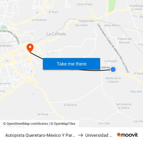 Autopista Queretaro-Mexico Y Parque Industrial El Marques to Universidad Cuauhtemoc map