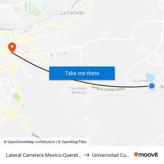 Lateral Carretera Mexico-Queretaro Y El Carmen to Universidad Cuauhtemoc map