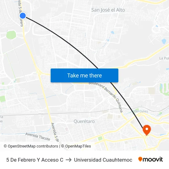 5 De Febrero Y Acceso C to Universidad Cuauhtemoc map