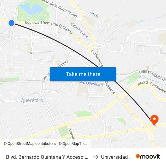 Blvd. Bernardo Quintana Y Acceso A Ofice Max Bernardo Quintana to Universidad Cuauhtemoc map