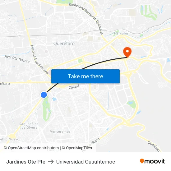 Jardines Ote-Pte to Universidad Cuauhtemoc map