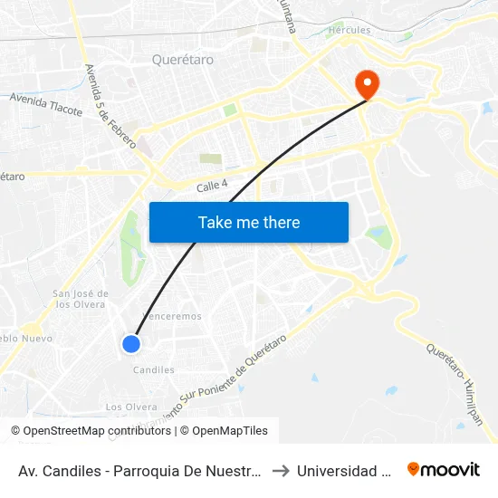 Av. Candiles - Parroquia De Nuestra Señora De La Esperanza to Universidad Cuauhtemoc map