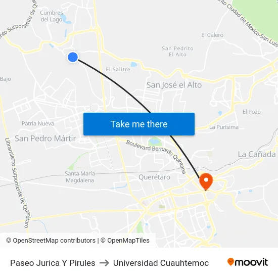 Paseo Jurica Y Pirules to Universidad Cuauhtemoc map