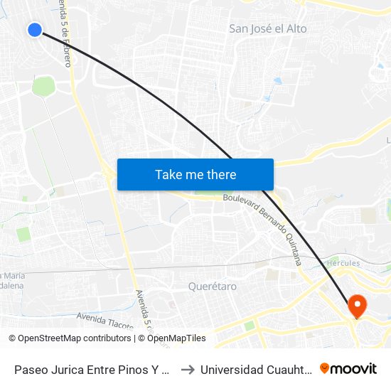Paseo Jurica Entre Pinos Y Fresnos to Universidad Cuauhtemoc map