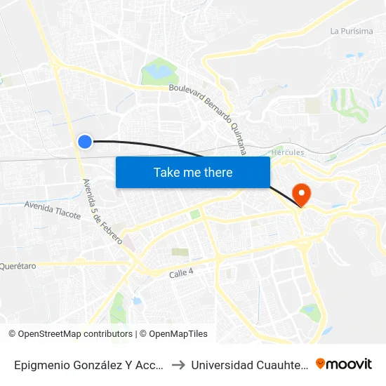 Epigmenio González Y Acceso 3 to Universidad Cuauhtemoc map
