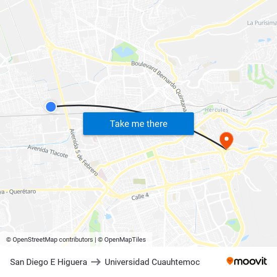 San Diego E Higuera to Universidad Cuauhtemoc map