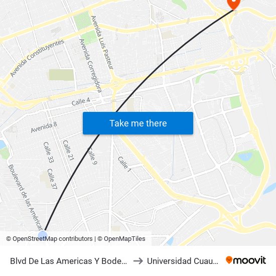 Blvd De Las Americas Y Bodega Aurrera to Universidad Cuauhtemoc map