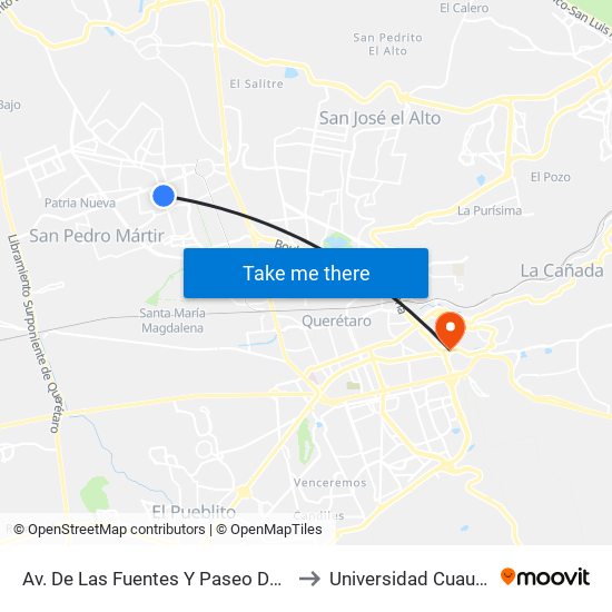 Av. De Las Fuentes Y Paseo De Las Peñas to Universidad Cuauhtemoc map