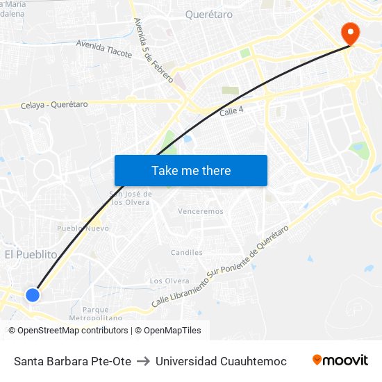 Santa Barbara Pte-Ote to Universidad Cuauhtemoc map