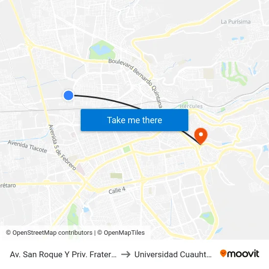 Av. San Roque Y Priv. Fraternidad to Universidad Cuauhtemoc map