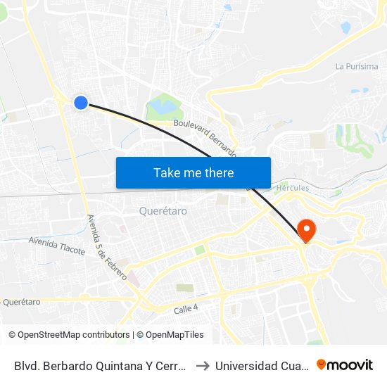 Blvd. Berbardo Quintana Y Cerro De Tezcalitzin to Universidad Cuauhtemoc map