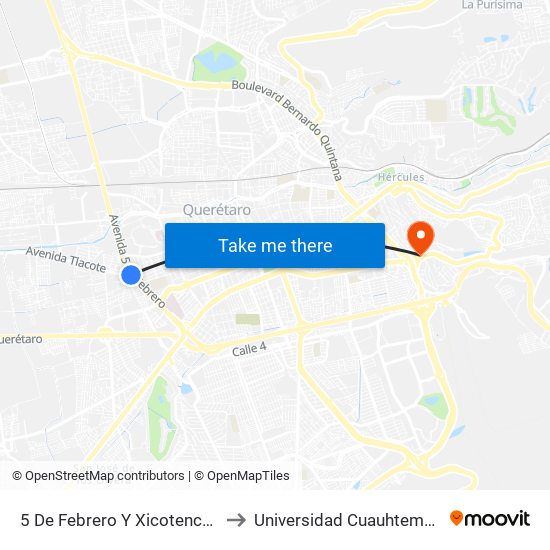 5 De Febrero Y Xicotencatl to Universidad Cuauhtemoc map