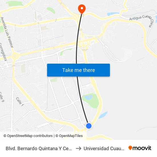 Blvd. Bernardo Quintana Y Centro Civico to Universidad Cuauhtemoc map