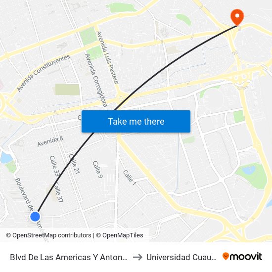 Blvd De Las Americas Y Antonio Carranza to Universidad Cuauhtemoc map