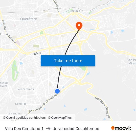 Villa Des Cimatario 1 to Universidad Cuauhtemoc map