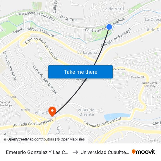 Emeterio Gonzalez Y Las Canoas to Universidad Cuauhtemoc map