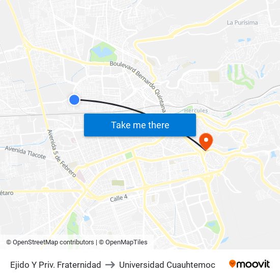 Ejido Y Priv. Fraternidad to Universidad Cuauhtemoc map