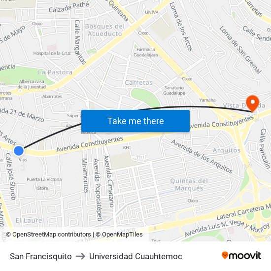 San Francisquito to Universidad Cuauhtemoc map