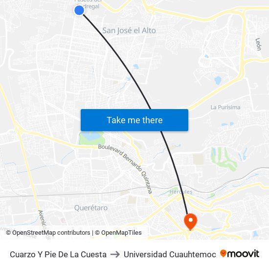 Cuarzo Y Pie De La Cuesta to Universidad Cuauhtemoc map