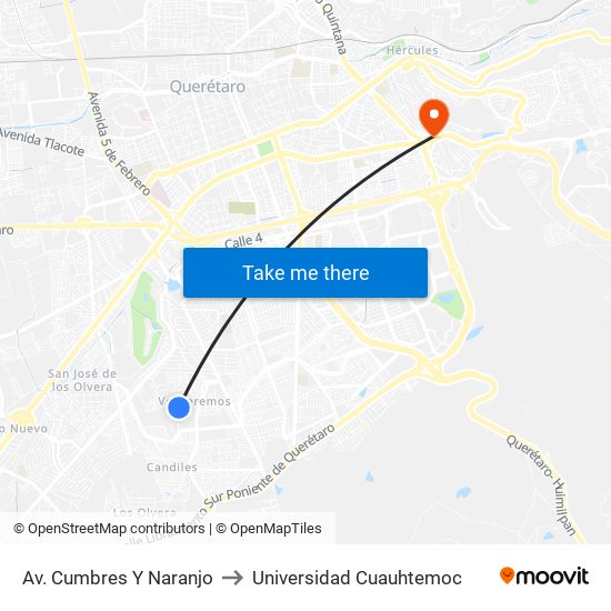 Av. Cumbres Y Naranjo to Universidad Cuauhtemoc map