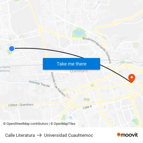 Calle Literatura to Universidad Cuauhtemoc map