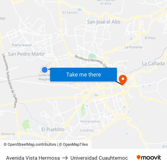 Avenida Vista Hermosa to Universidad Cuauhtemoc map