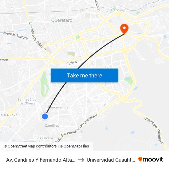 Av. Candiles Y Fernando Altamirano to Universidad Cuauhtemoc map