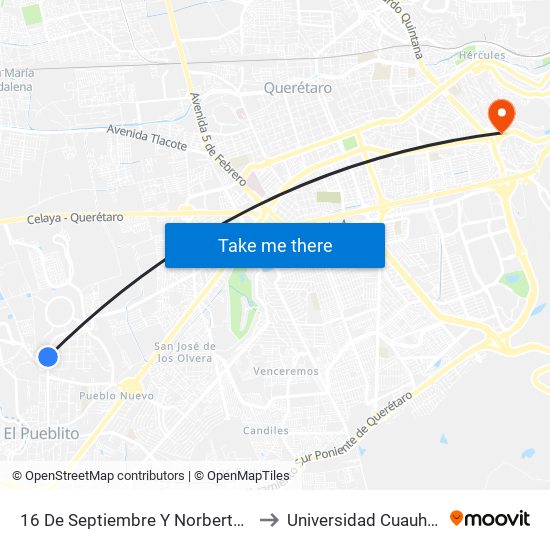 16 De Septiembre Y Norberto Aguirre to Universidad Cuauhtemoc map