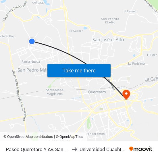 Paseo Queretaro Y Av. San Miguel to Universidad Cuauhtemoc map
