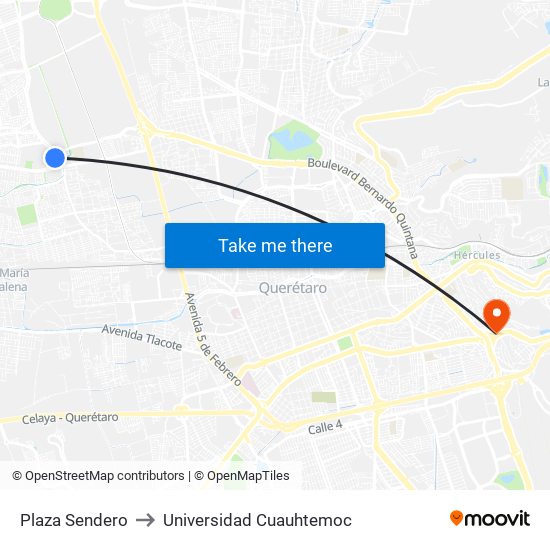 Plaza Sendero to Universidad Cuauhtemoc map