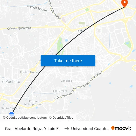Gral. Abelardo Rdgz. Y Luis Echeverría to Universidad Cuauhtemoc map