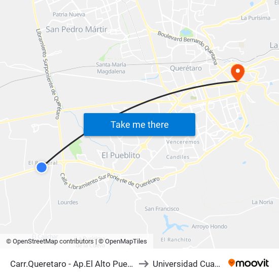 Carr.Queretaro - Ap.El Alto Pueblito Colonial to Universidad Cuauhtemoc map