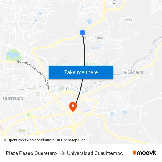 Plaza Paseo Queretaro to Universidad Cuauhtemoc map