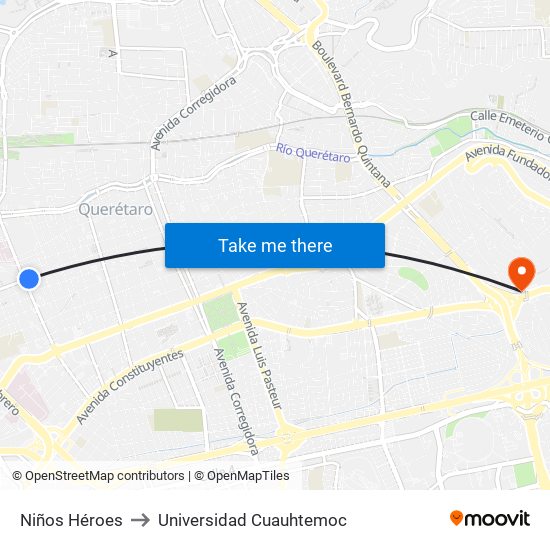 Niños Héroes to Universidad Cuauhtemoc map