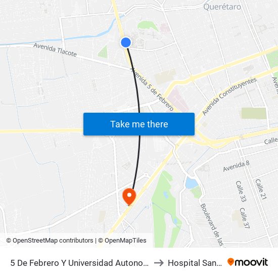 5 De Febrero Y Universidad Autonoma De Qro. to Hospital San Jose map