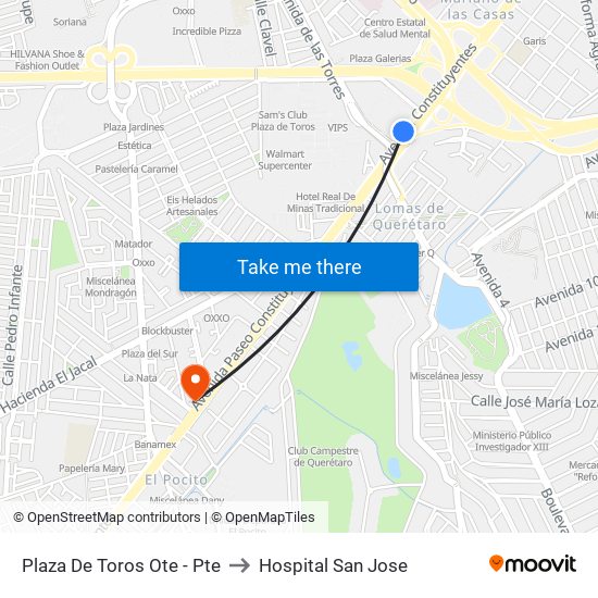 Plaza De Toros Ote - Pte to Hospital San Jose map