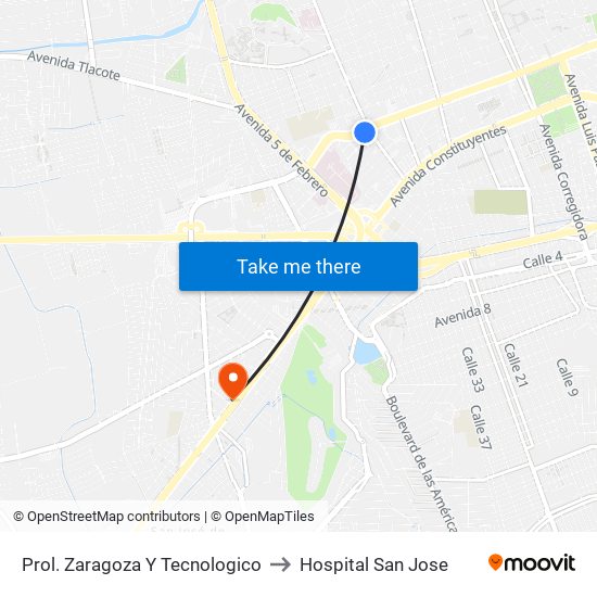 Prol. Zaragoza Y Tecnologico to Hospital San Jose map