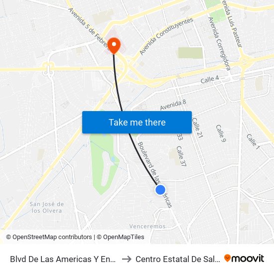 Blvd De Las Americas Y Enrique Bordes to Centro Estatal De Salud Mental map