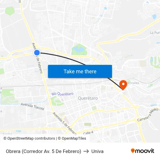 Obrera (Corredor Av. 5 De Febrero) to Univa map