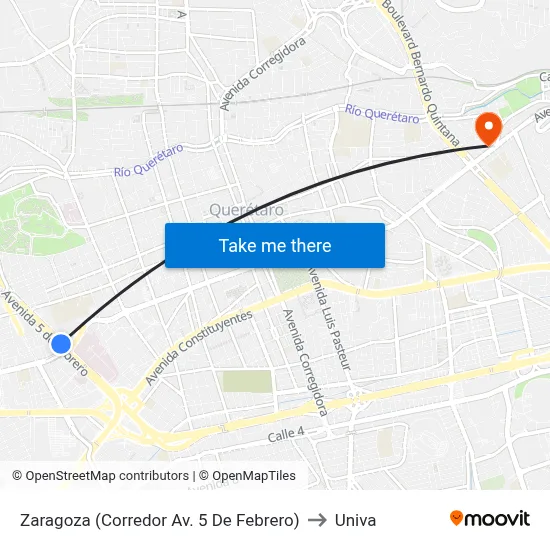 Zaragoza (Corredor Av. 5 De Febrero) to Univa map