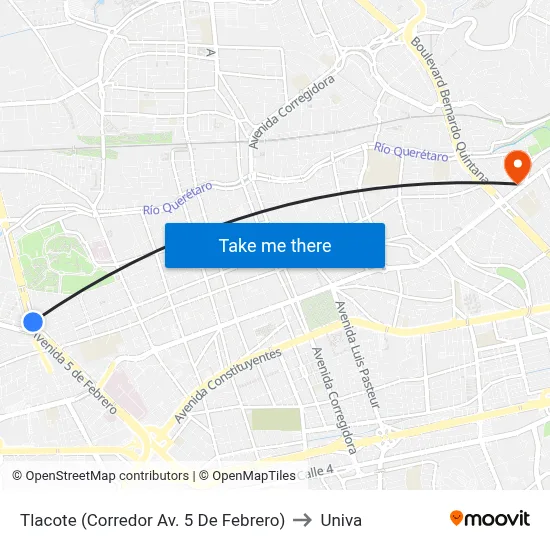 Tlacote (Corredor Av. 5 De Febrero) to Univa map
