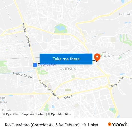 Río Querétaro (Corredor Av. 5 De Febrero) to Univa map
