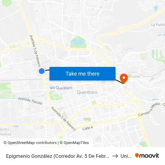Epigmenio González (Corredor Av. 5 De Febrero) to Univa map