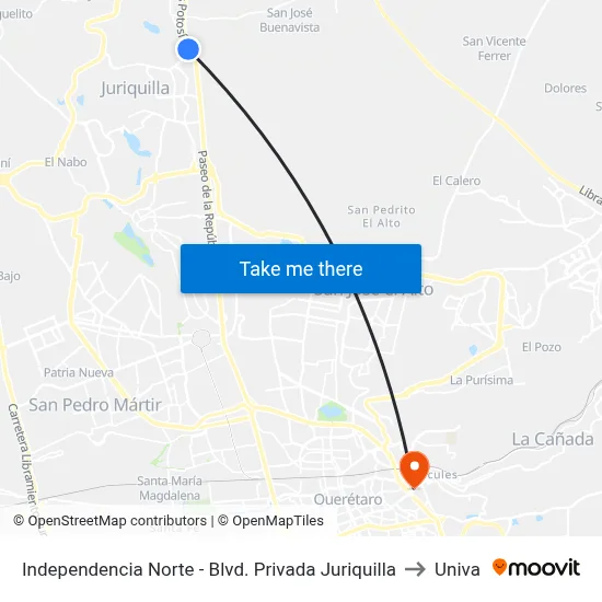 Independencia Norte - Blvd. Privada Juriquilla to Univa map