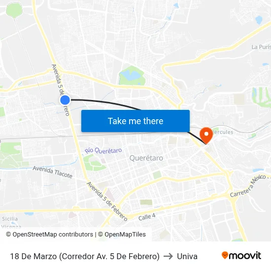 18 De Marzo (Corredor Av. 5 De Febrero) to Univa map