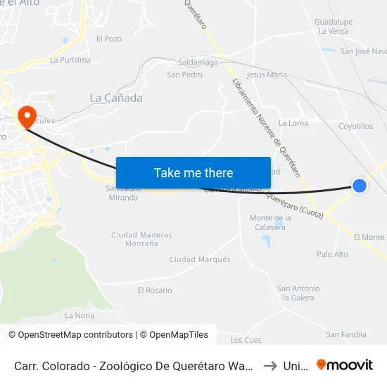 Carr. Colorado - Zoológico De Querétaro Wameru to Univa map