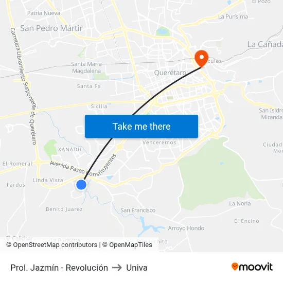 Prol. Jazmín - Revolución to Univa map