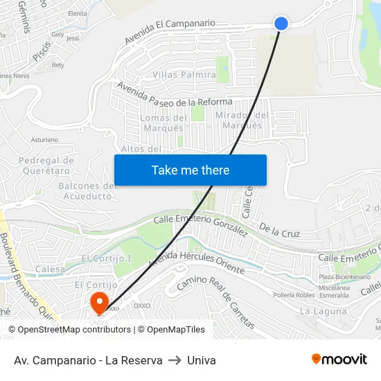 Av. Campanario - La Reserva to Univa map